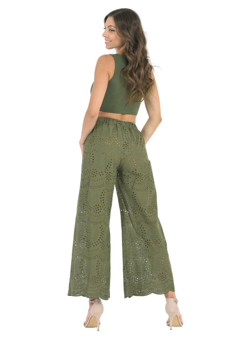 Olive Green Eyelet Embroidery Wide Leg Pants