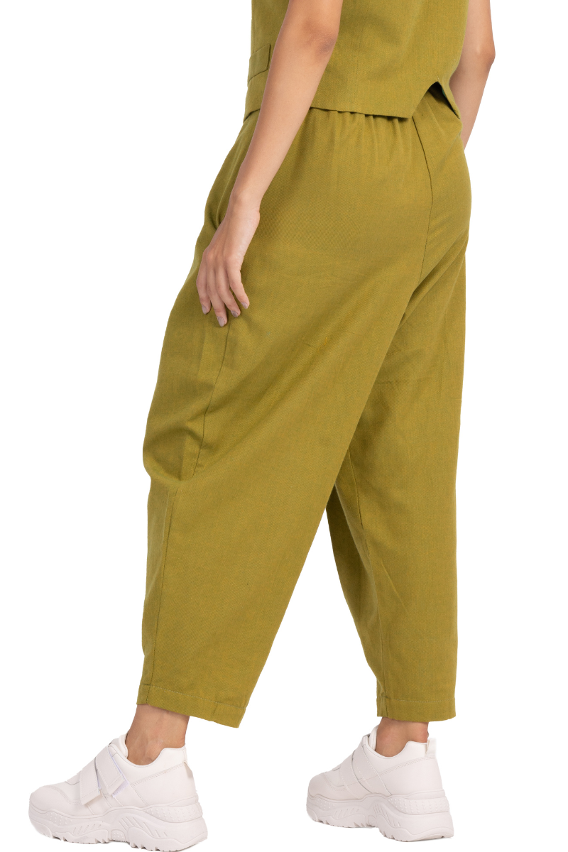 Olive Green Viscose & Linen Tailored Trousers