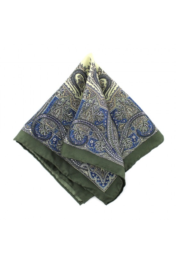 Olive Green & Blue Paisley Print Silk Men's Pocket Square