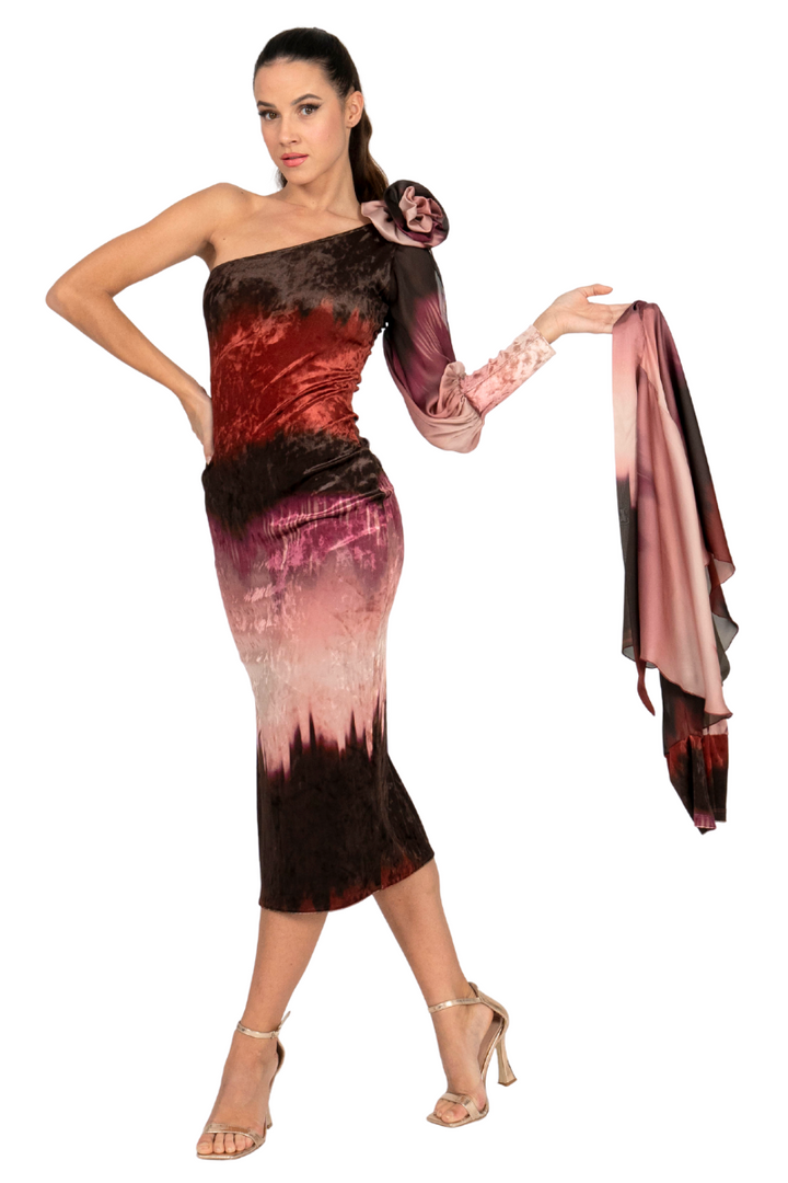 Ombré Slitted One-Sleeve Velvet Dress