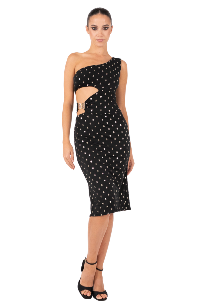 One-Shoulder Cut-Out Fishtail Dress with Gold Detail