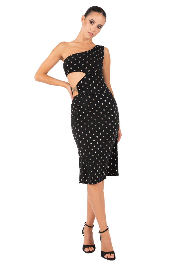 One-Shoulder Cut-Out Tango Dress with Gold Detail