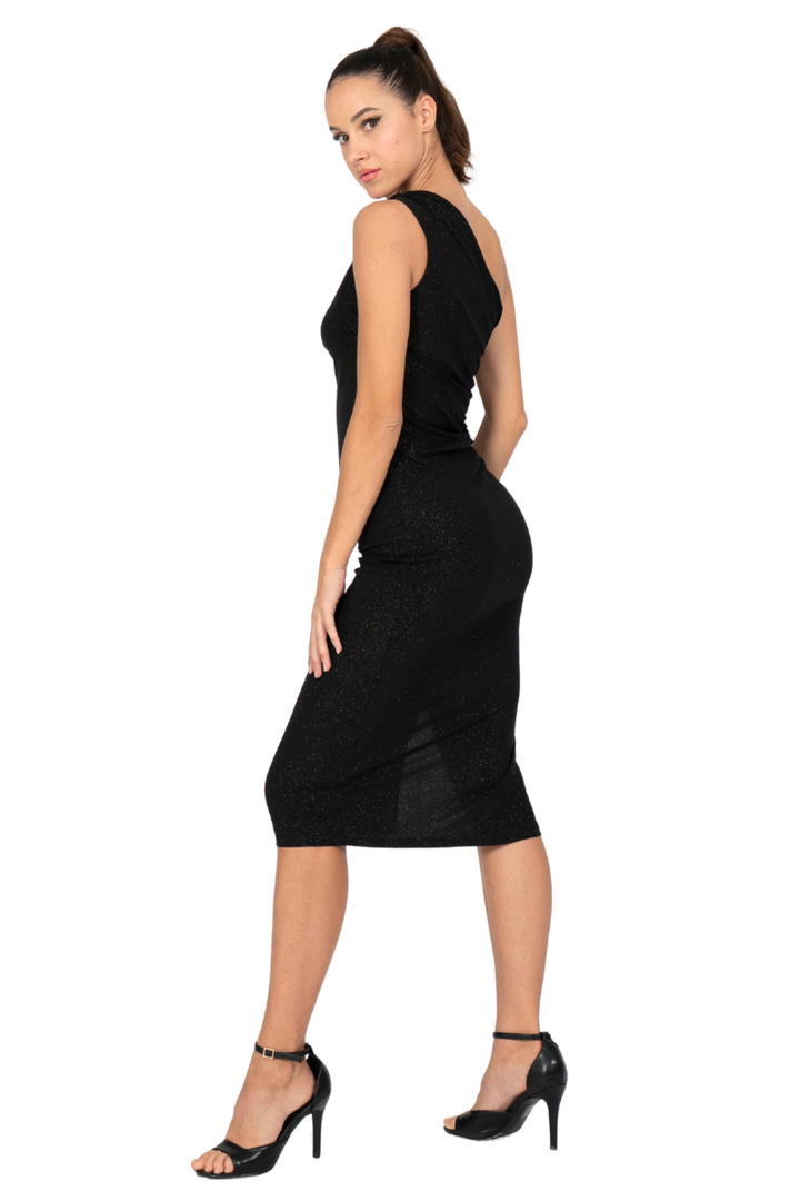 One-Shoulder Shimmering Dress with Metallic Detail