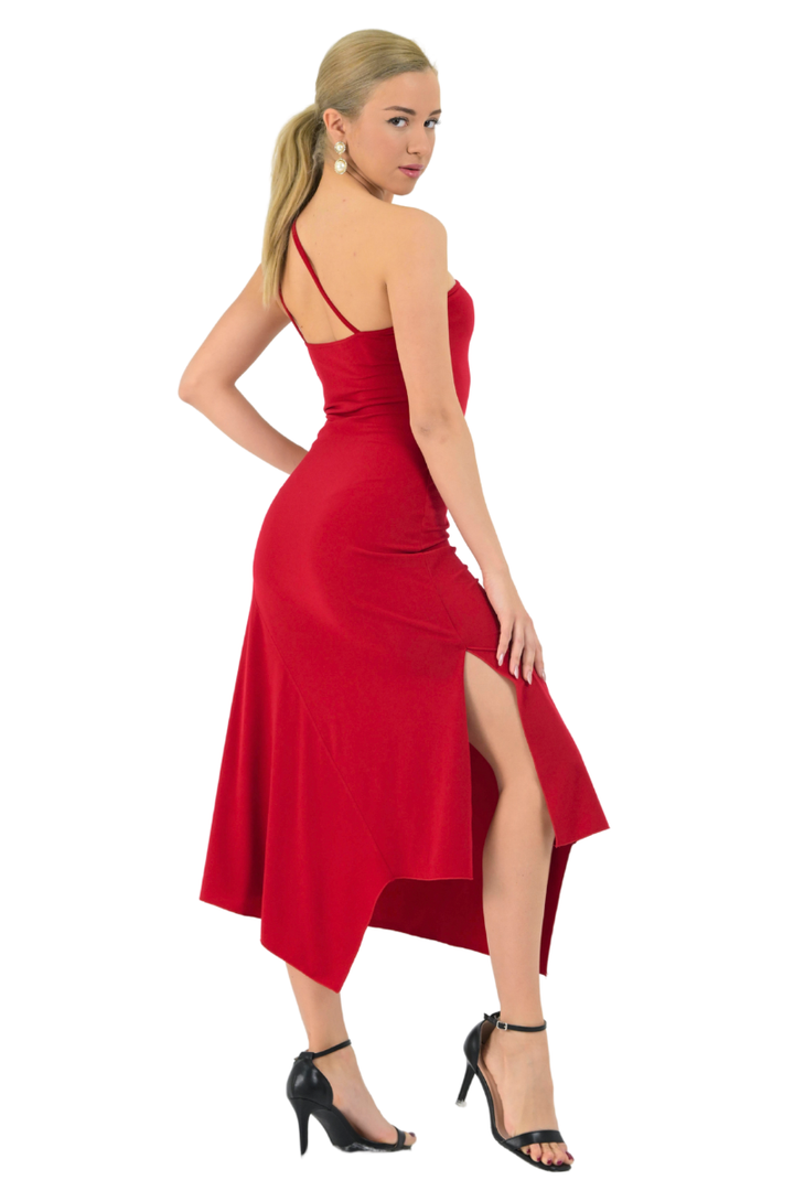 One-Shoulder Asymmetric Tango Dress with Metallic Heart Detail