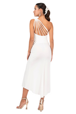Load image into Gallery viewer, Woman wearing a white dress with a unique back design on a white background
