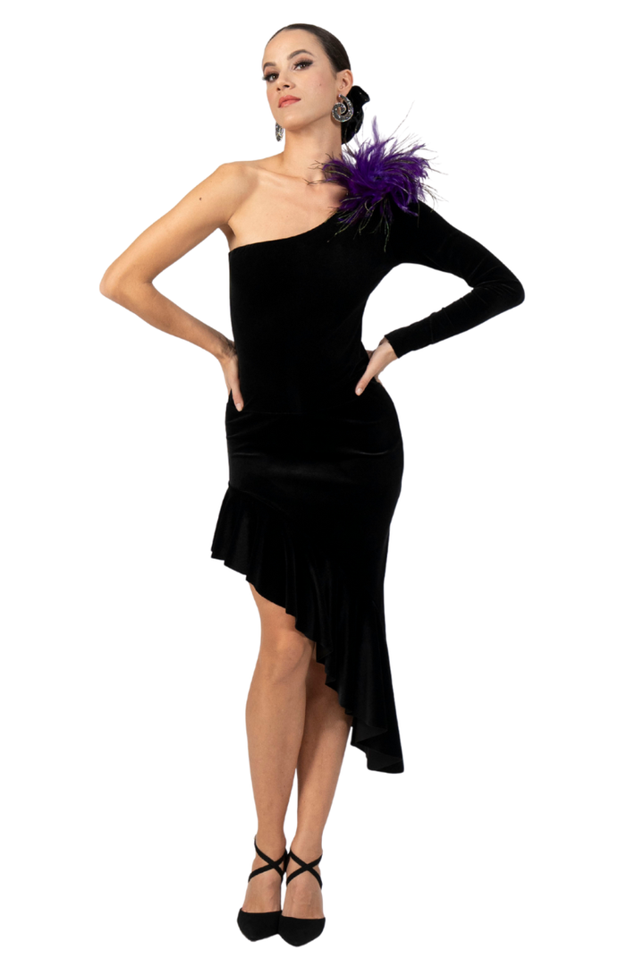 One-Sleeve Tango Dress with Assymetric Ruffled Skirt