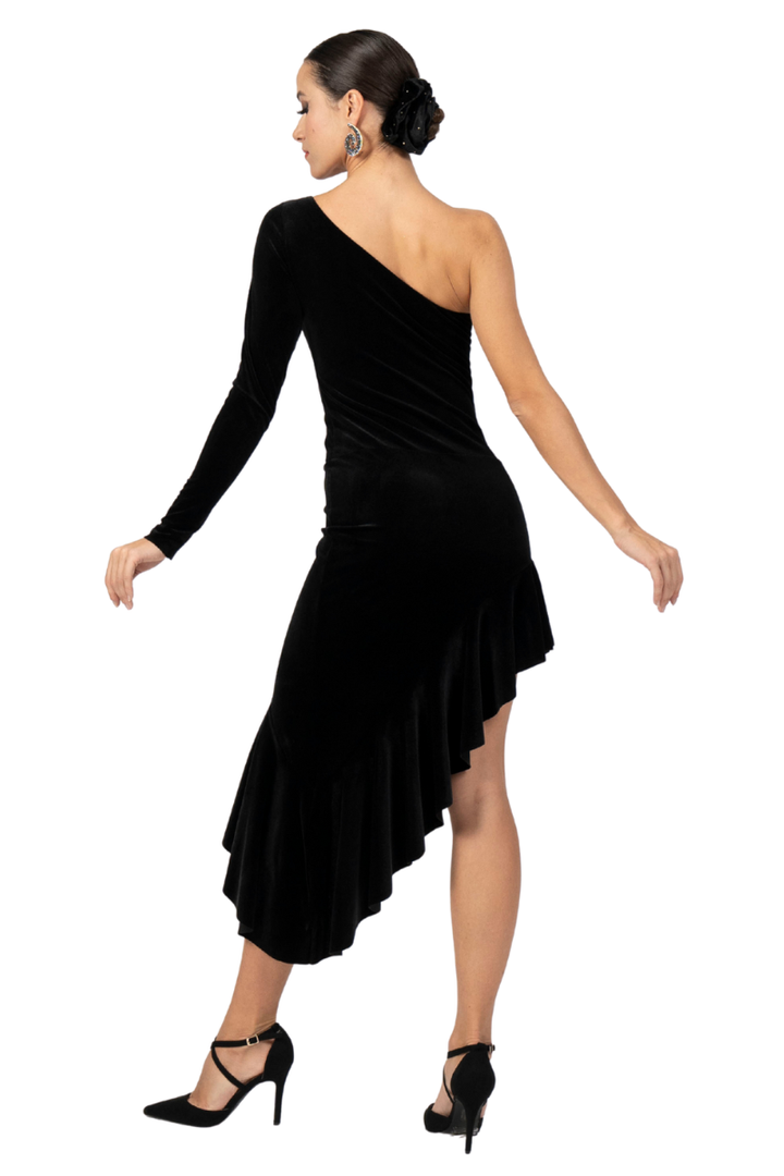 One-Sleeve Tango Dress with Assymetric Ruffled Skirt