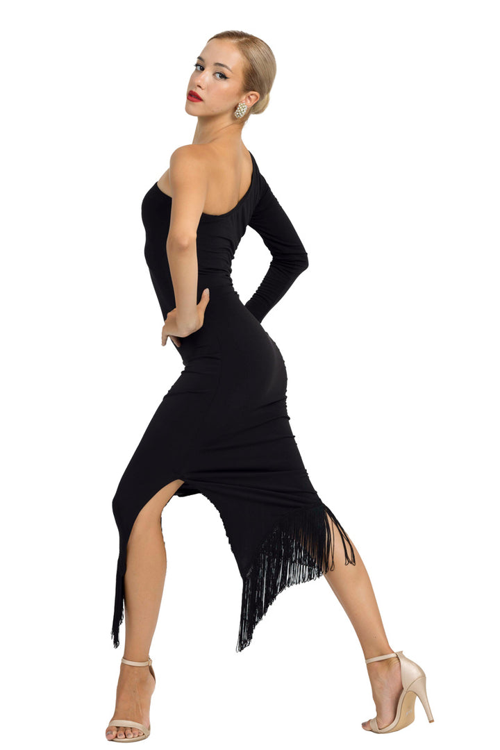 One-Sleeved Asymmetric Midi Tango Dress With Fringe