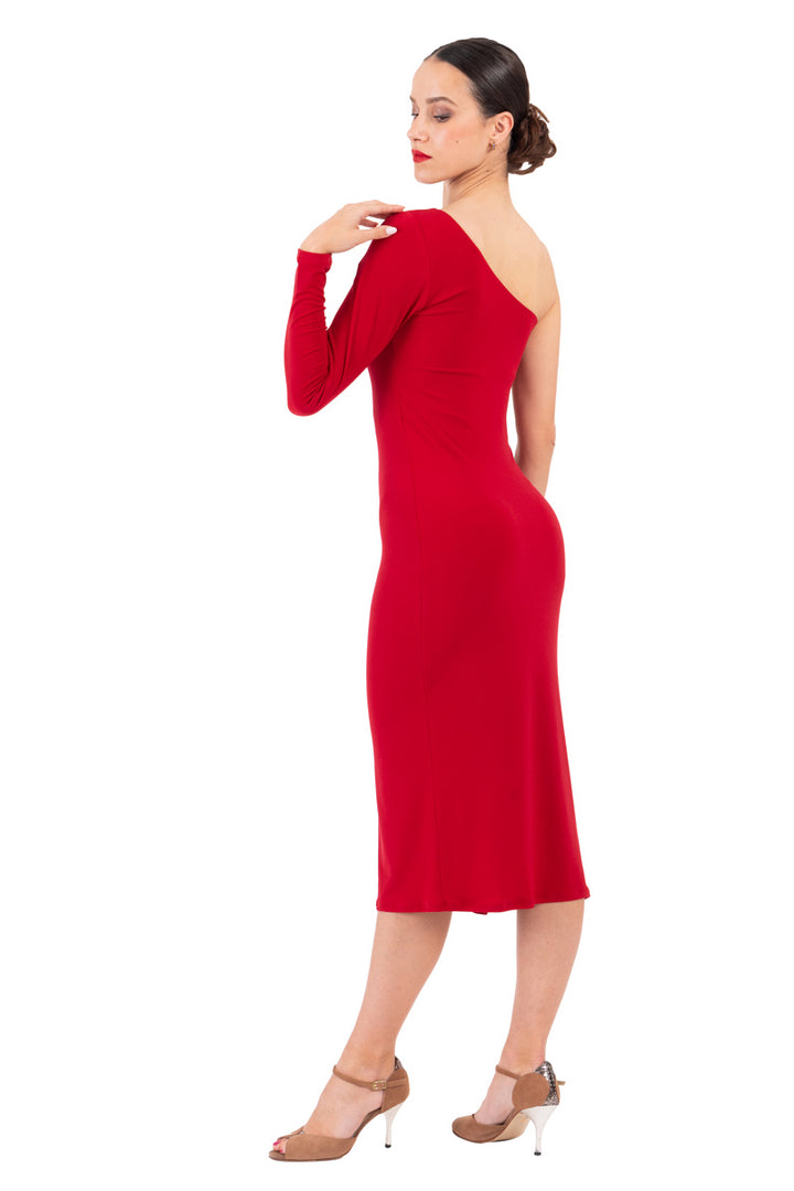 One Shoulder Midi Dress With Side Ruffles