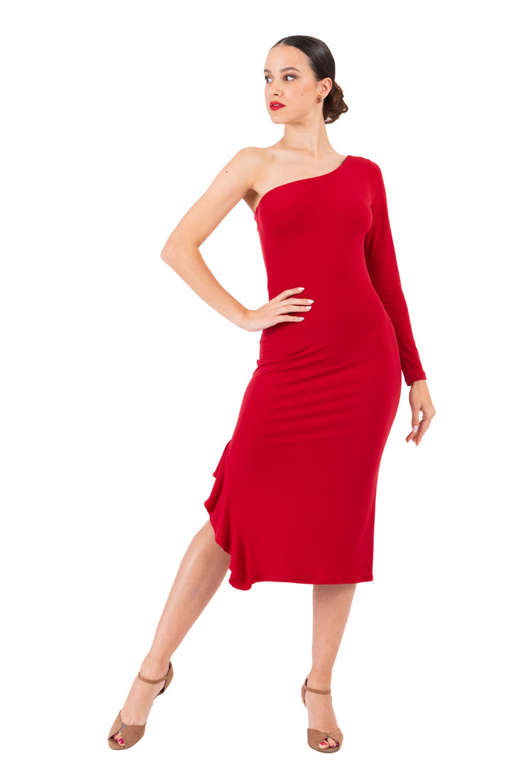 One Shoulder Midi Dress With Side Ruffles
