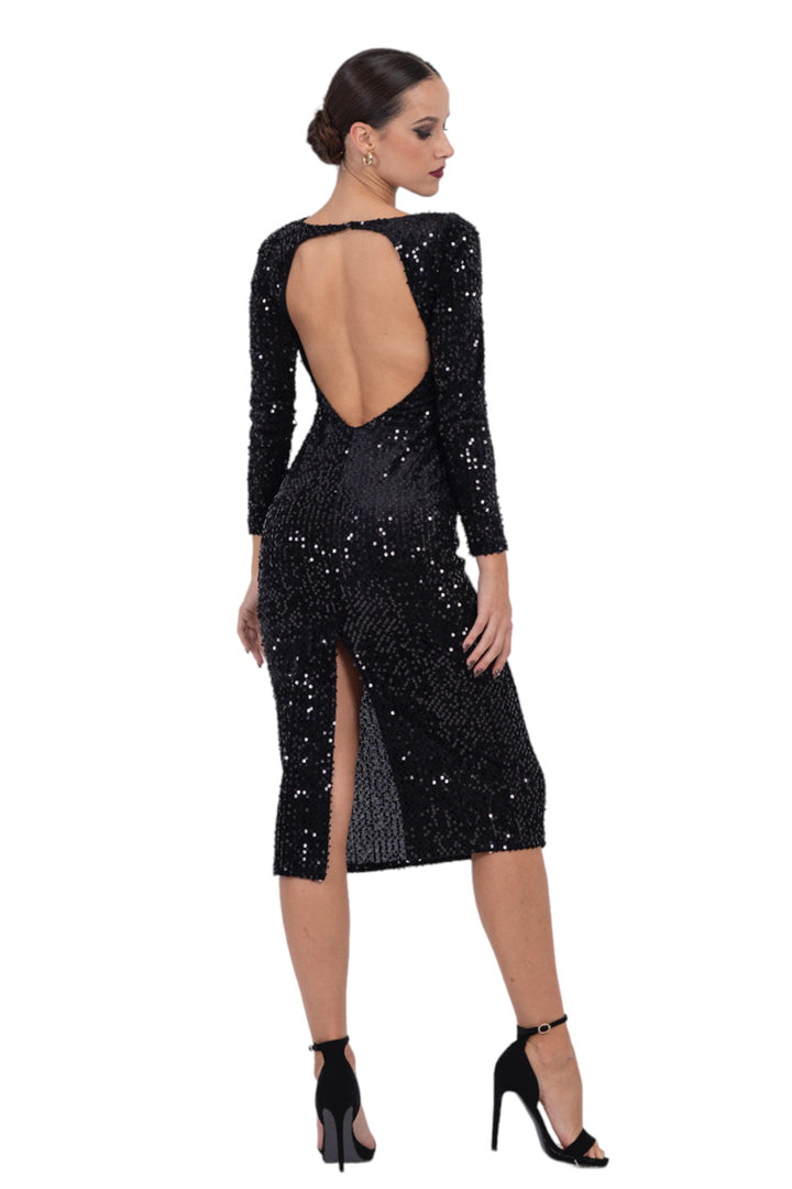 sequin tango dress Open Back Sequin Velvet Dress With Long Sleeves