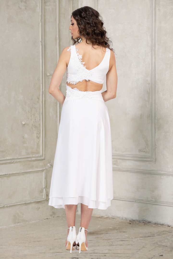 Open Back Two-Tiered Off-White Dress With Lace Applique