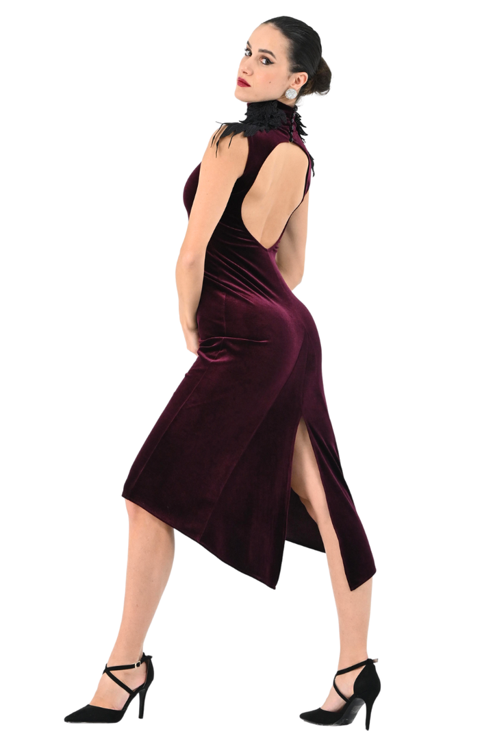 Velvet Tango Dress With Shoulder Lace Appliqué
