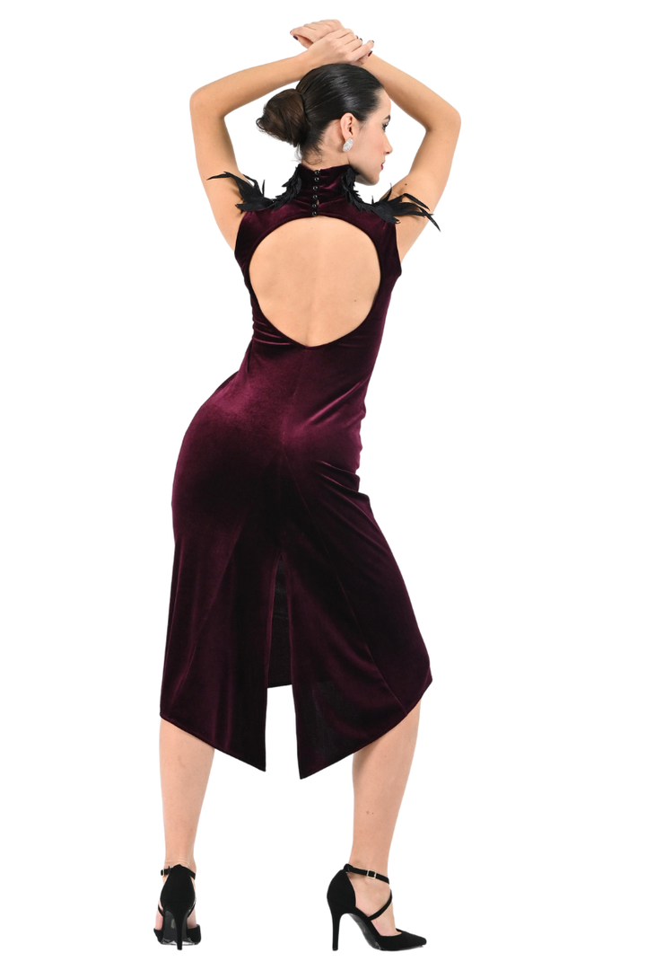 Open Back Velvet Tango Dress With Feathers