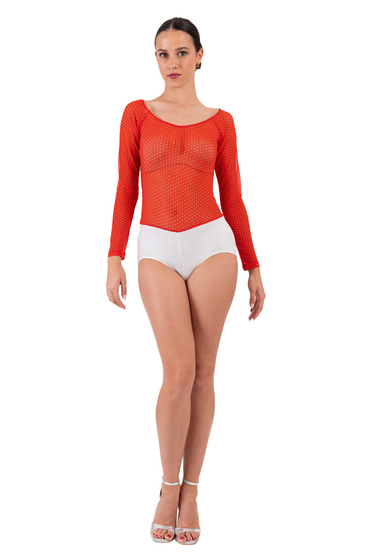 Orange Polka Dot Mesh Bodysuit With Long Sleeves