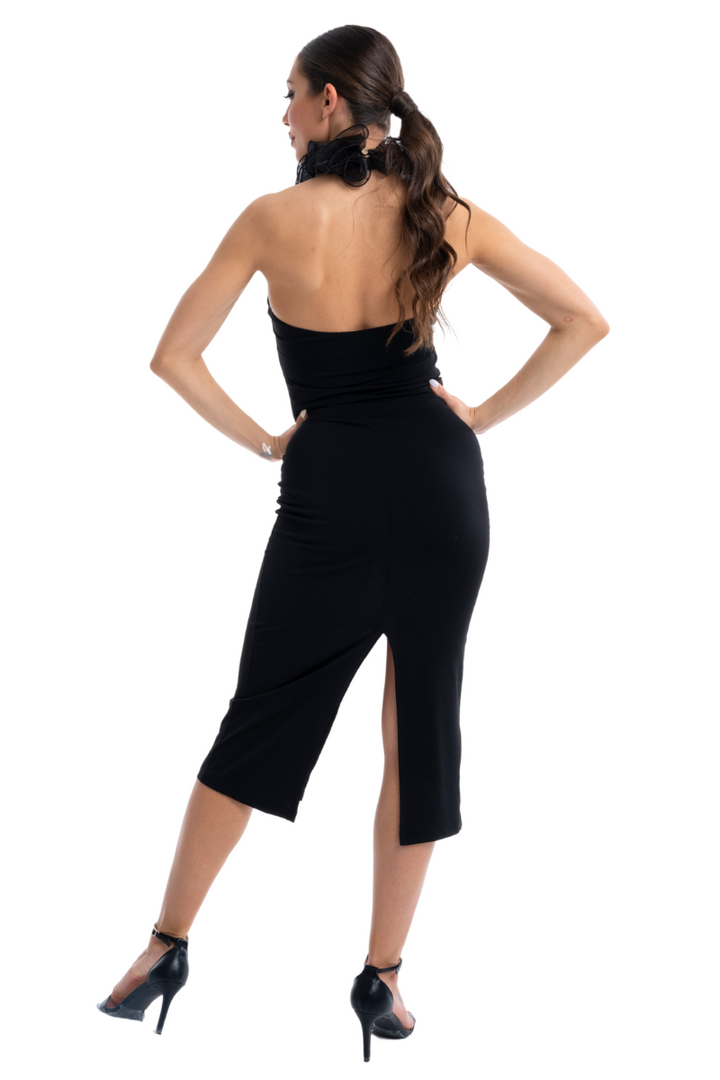 Organza Ruffled Halter Neck Tango Dress With Slit