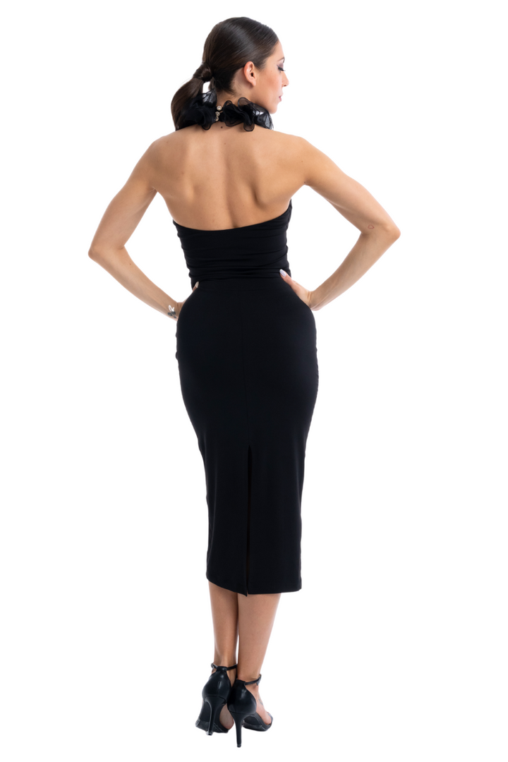 Organza Ruffled Halter Neck Tango Dress With Slit