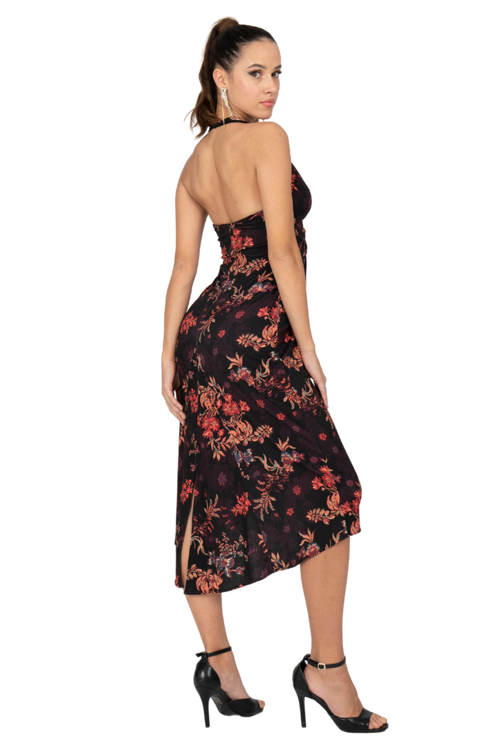 Oriental Floral Print Halterneck Dress with Metallic Detail