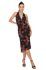 Load image into Gallery viewer, Oriental Floral Print Halterneck Dress with Metallic Detail