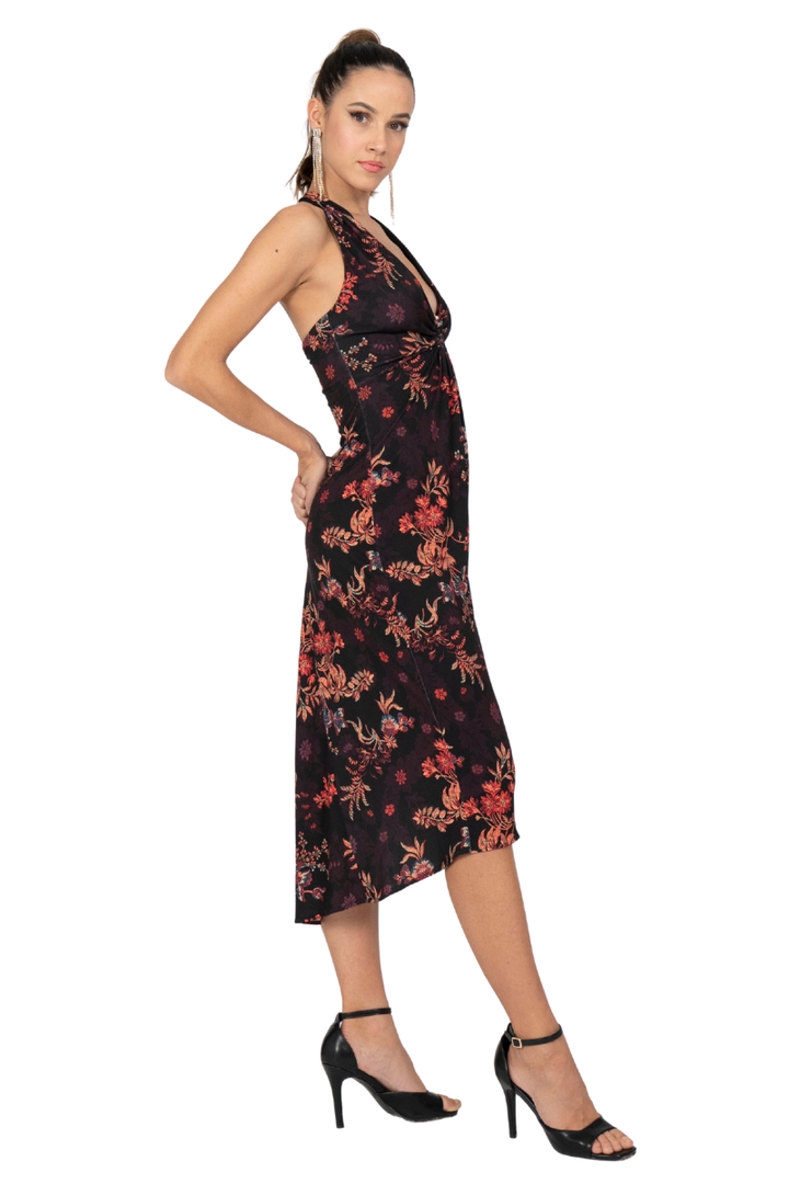 Oriental Floral Print Halterneck Dress with Metallic Detail