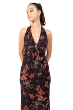 Load image into Gallery viewer, Oriental Floral Print Halterneck Dress with Metallic Detail