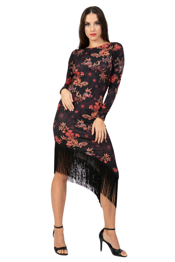 Oriental Floral Print Open Back Dress With Fringes