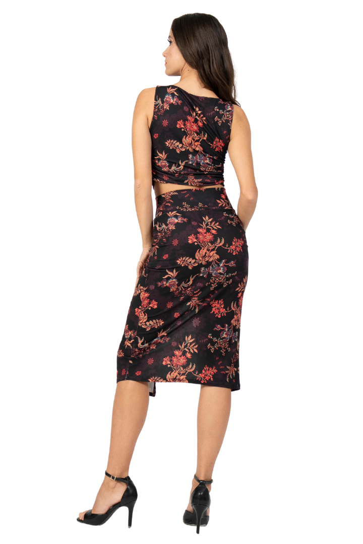 Oriental Floral Print Side Gathered Crop Top