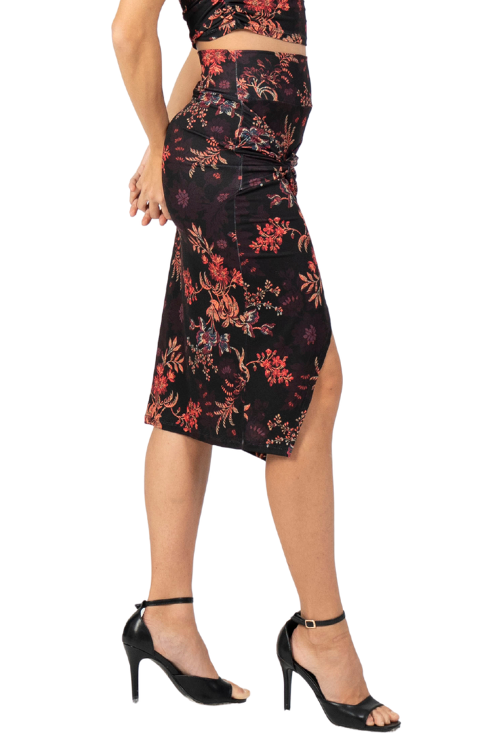 Oriental Floral Print Skirt With Twist Detail
