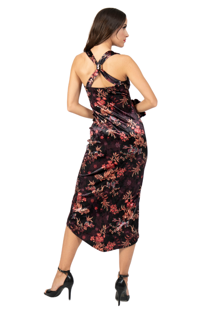 Oriental Floral Print Velvet Dress With Curved Slit