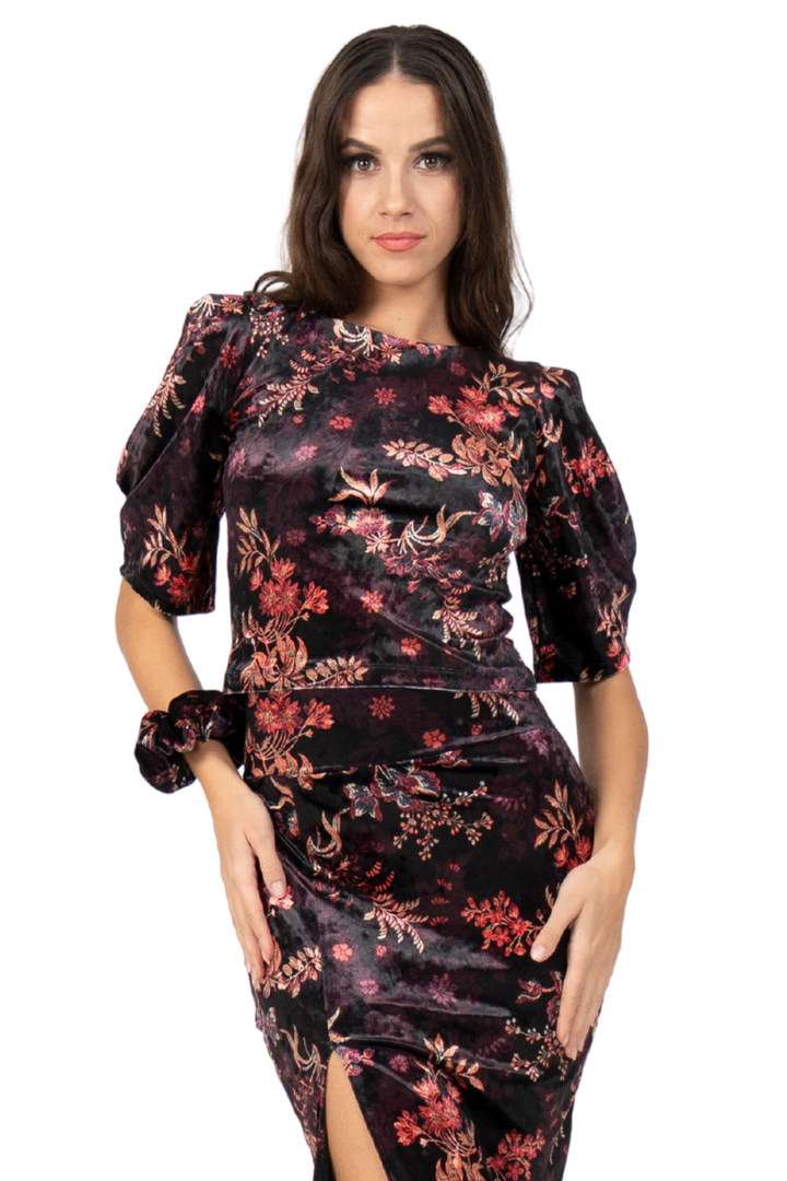 Oriental Floral Print Velvet Top With Off The Shoulder Sleeves