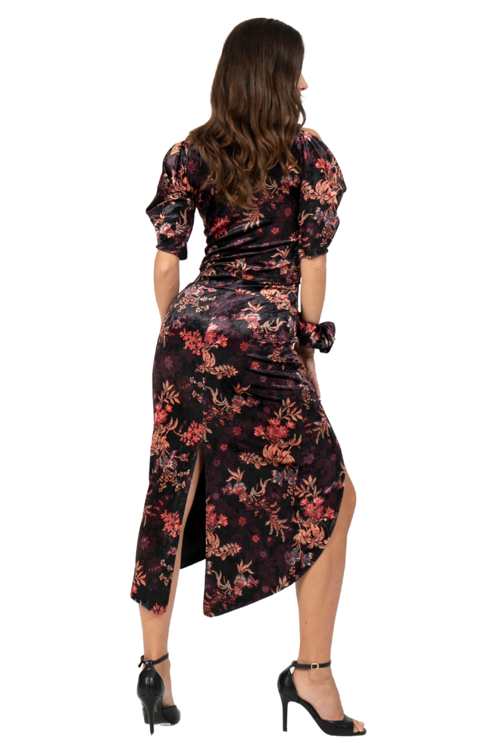 Oriental Floral Print Velvet Top With Off The Shoulder Sleeves