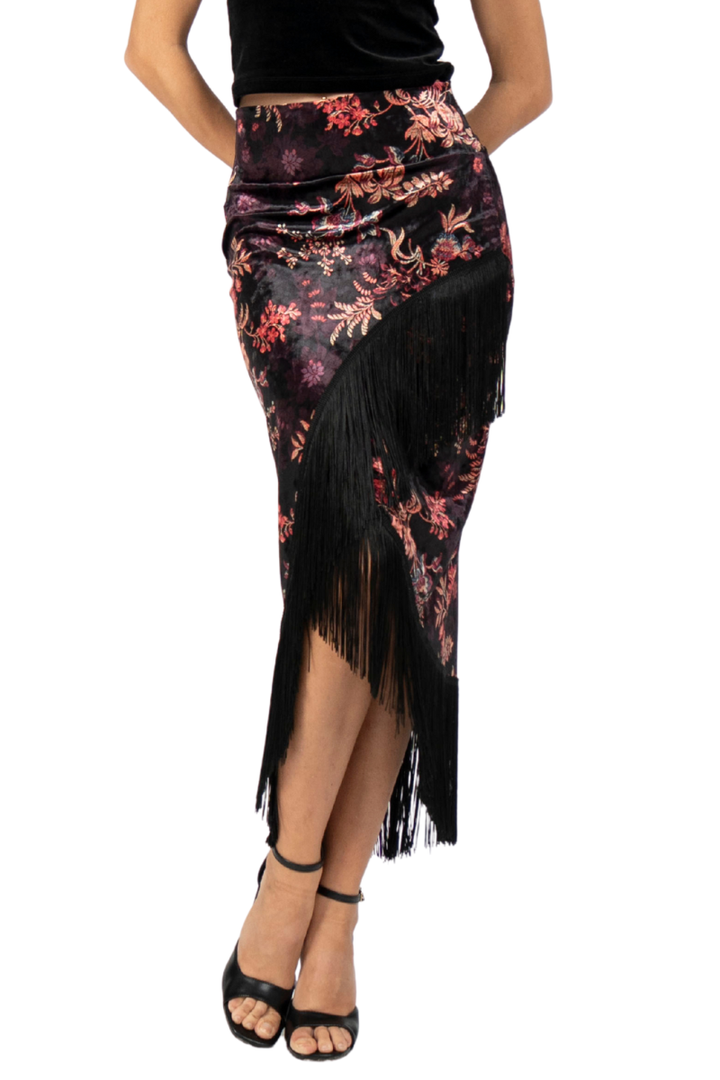 Oriental Floral Print Velvet Wrap Skirt With Fringe