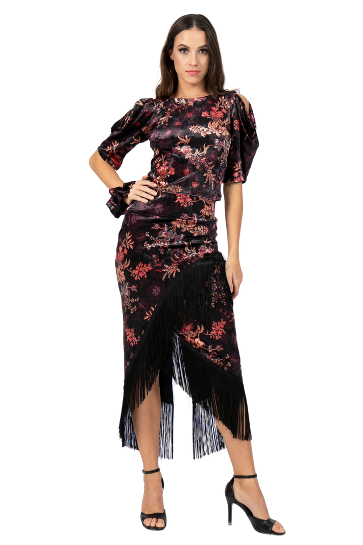 Oriental Floral Print Velvet Wrap Skirt With Fringe