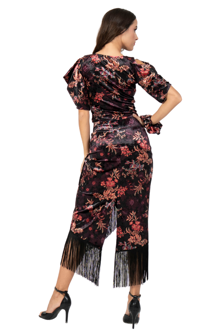 Oriental Floral Print Velvet Wrap Skirt With Fringe