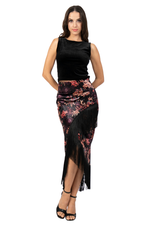 Load image into Gallery viewer, Oriental Floral Print Velvet Wrap Skirt With Fringe