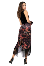 Load image into Gallery viewer, Oriental Floral Print Velvet Wrap Skirt With Fringe