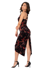 Load image into Gallery viewer, Oriental Floral Print Velvet Dress With Curved Slit