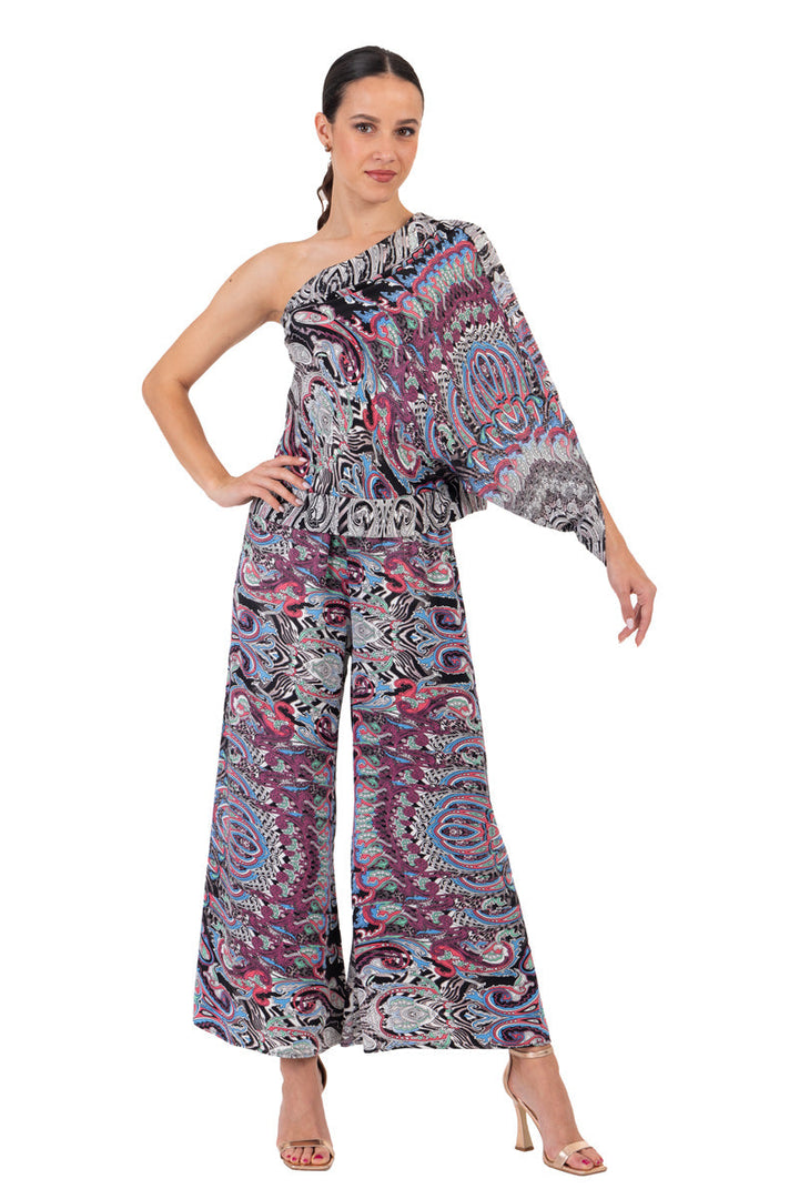 Paisley Print One-Shoulder Satin Top