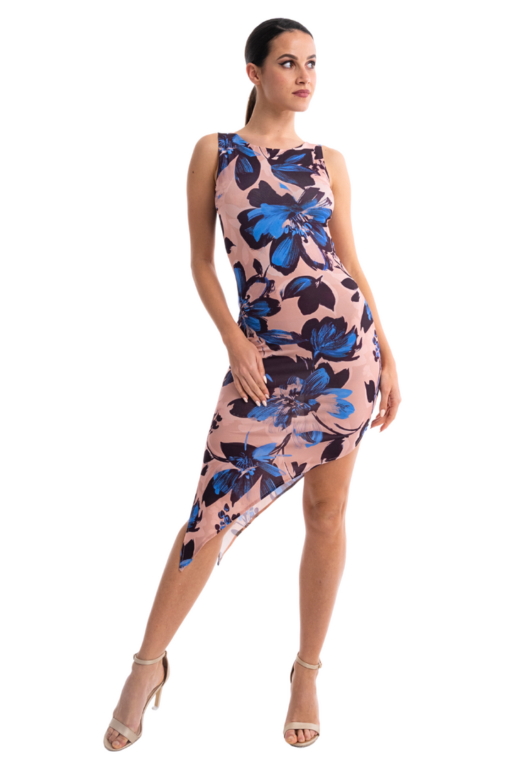 Peach & Blue Floral Open Back Asymmetric Dress