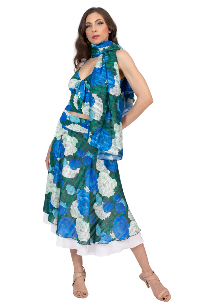 Peony Floral Two-Layer Georgette Dance Skirt