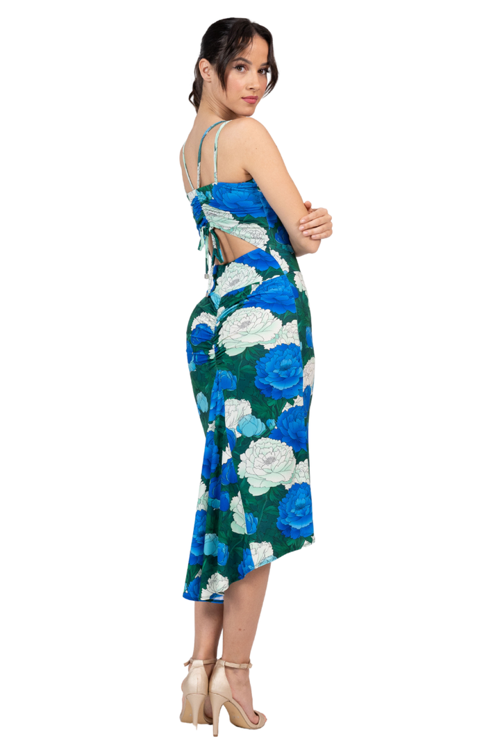 Peony Floral Fishtail Dress With Adjustable Ruched Keyhole Back