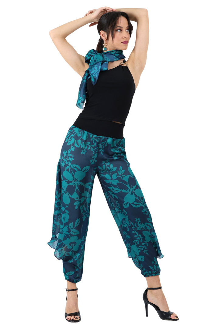 Petrol Blue Floral Print Harem Style Tango Pants