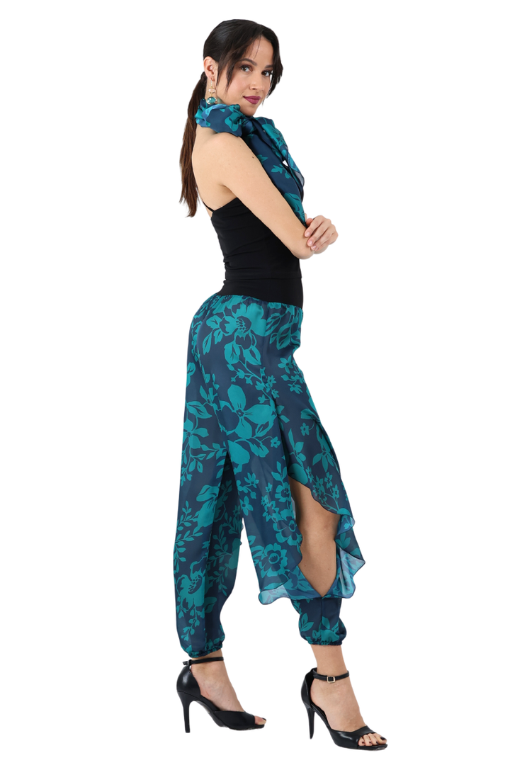 Petrol Blue Floral Print Harem Style Tango Pants