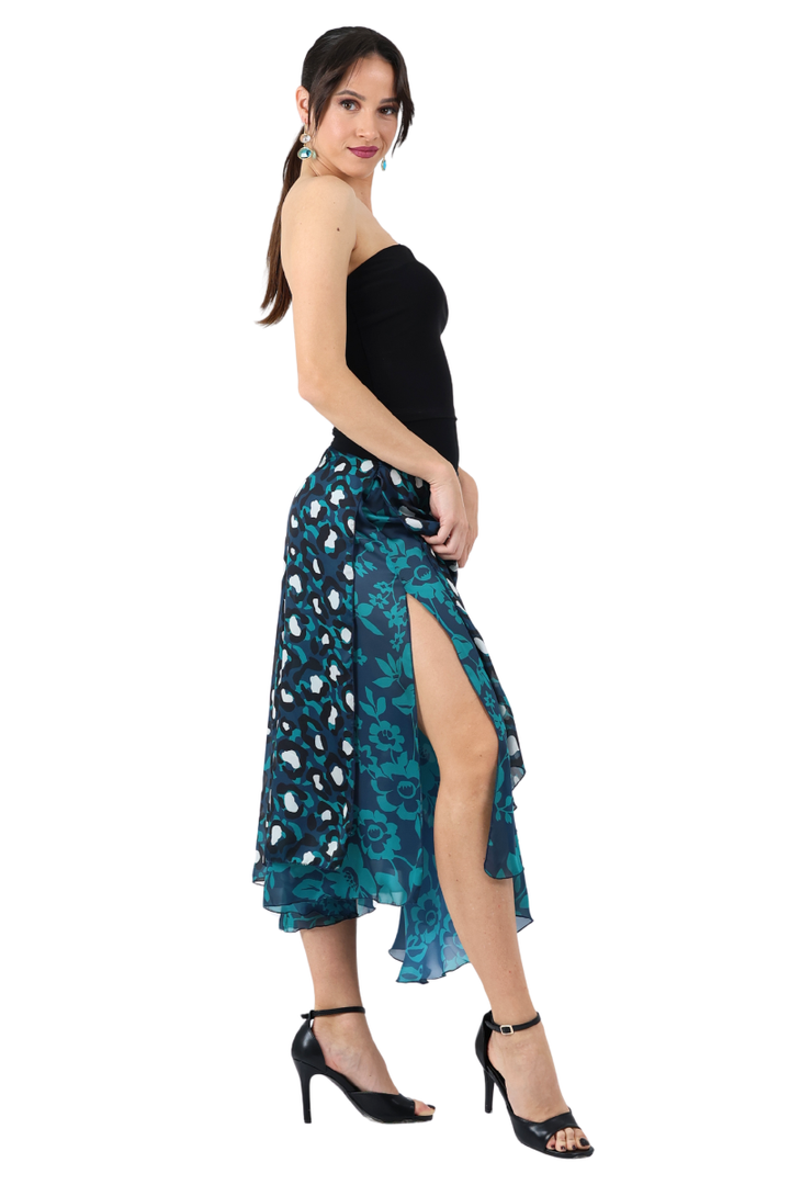 Petrol Blue Mixed Print Two-layer Skirt