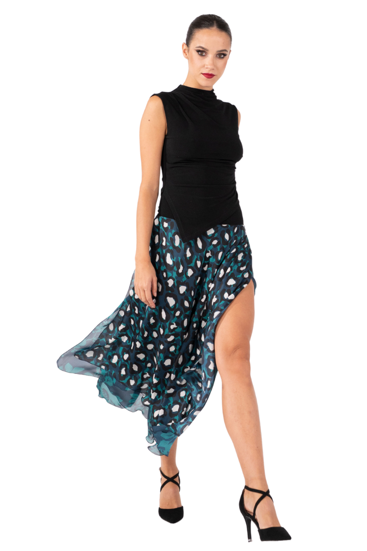 Petrol Blue Mixed Print Two-layer Skirt