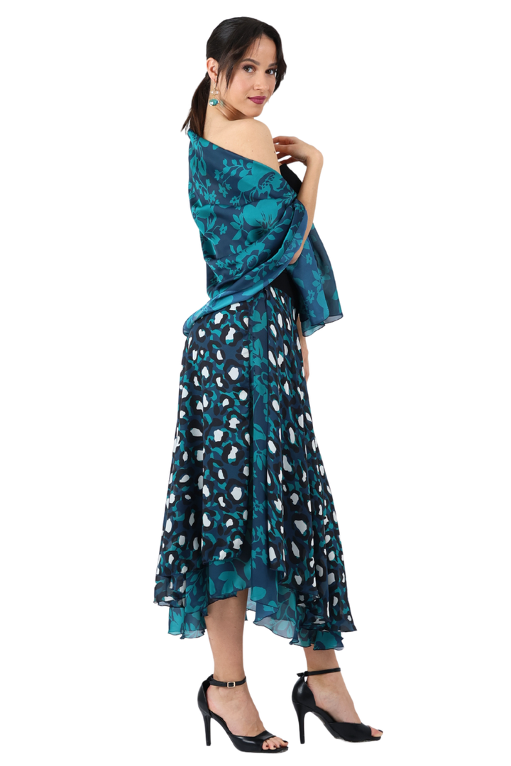 Petrol Blue Floral Print Satin Scarf