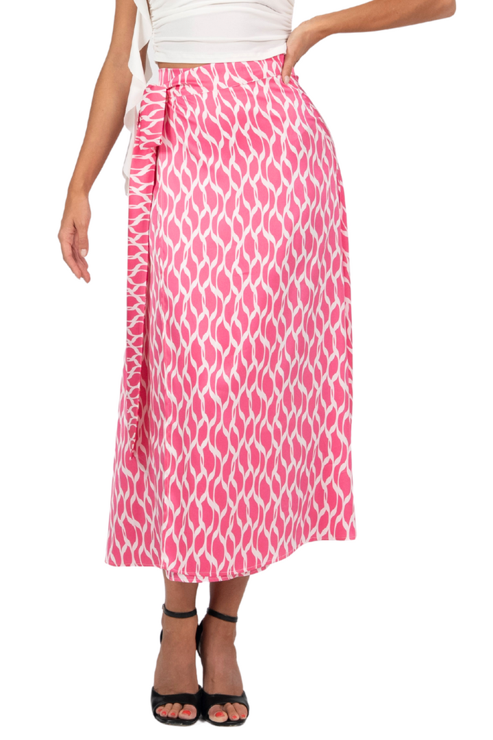 Pink Abstract Print Satin Wrap Dance Skirt 