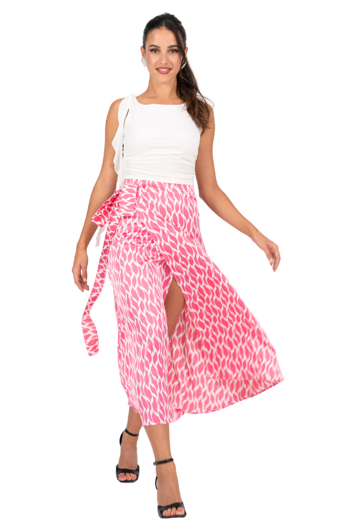 Pink Abstract Print Satin Wrap Dance Skirt 