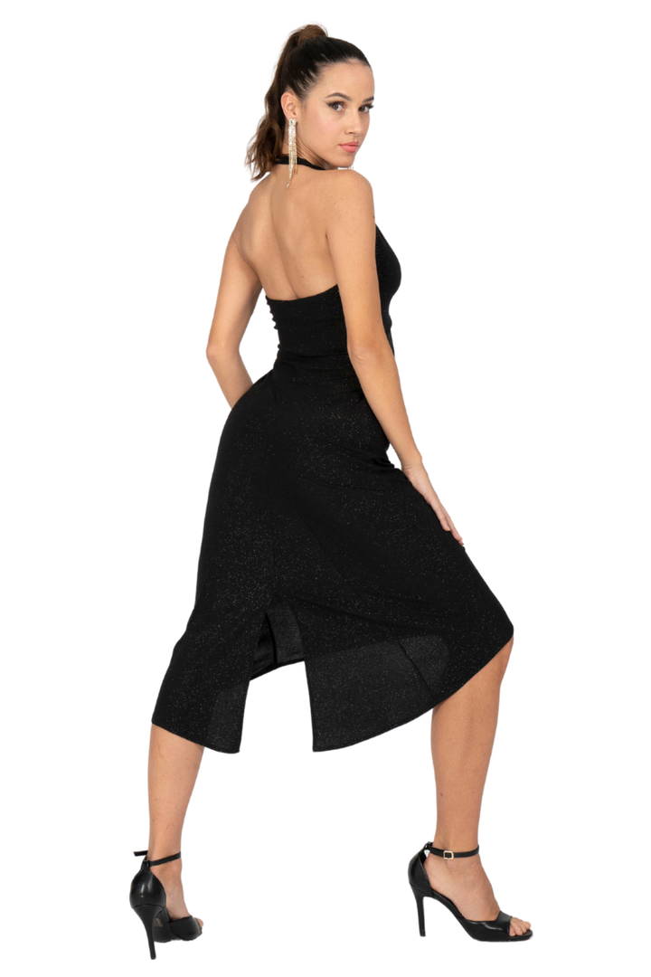 Plunge Halter Shimmering Dress with Metallic Detail