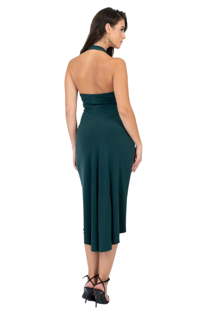 Plunge Halterneck Dress with Metallic Detail